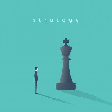 İş stratejisi kavramı vektör işadamı ve satranç parça Kral. Rekabet, planlama, oyun, motivasyon, hırs sembolü.