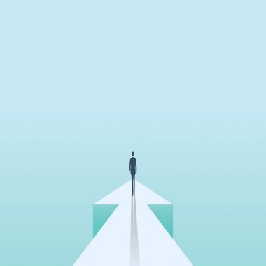 İş gelecek ve ilerleme vektör kavramı. İleri ok üzerinde yürüyüş iş adamı. Başarı, motivasyon, hırs, meydan okuma ve başarı simgesi.