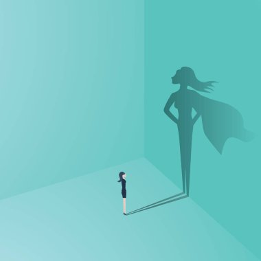 Süper kahraman gölge vektör konsepti ile iş kadını. İş sembolü kurtuluşu, hırs, başarı, motivasyon, liderlik, cesaret ve meydan okuma.