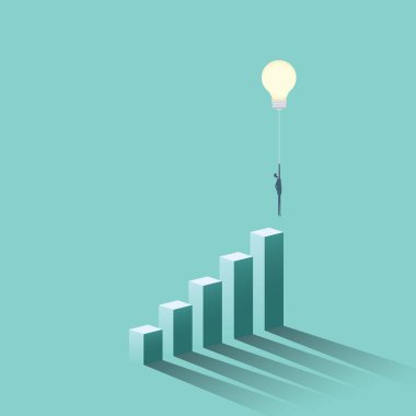 Yaratıcı bir fikir iş çözüm vektör kavramı ile uçan balon olarak ampul ile işadamı. Yaratıcılık, başarı, yenilik, ilham sembolü.