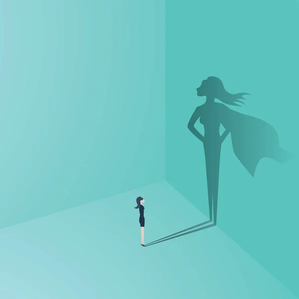 Femme d'affaires avec concept vectoriel d'ombre de super-héros. Symbole de l'émancipation, de l'ambition, du succès, de la motivation, du leadership, du courage et du défi . — Image vectorielle