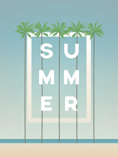 Conceito de vetor de férias de verão com palmeiras na praia e título de tipografia criativa . —  Vetores de Stock