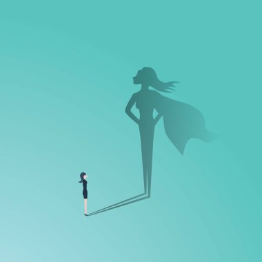 İş kadın süper kahraman vektör kavramı. İşkadını süper kahraman gölge ile. Güven, liderlik, güç, feminizm ve özgürleşme sembolü.