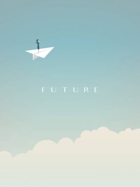 Kağıt Uçak bulutların gökyüzünde üzerinde uçan iş kadını. Gelecek, özgürlük, kariyer fırsatları, meydan iş vektör simgesi.