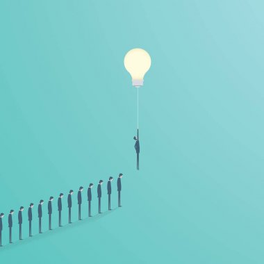 Yaratıcı bir fikir iş çözüm vektör kavramı ile uçan balon olarak ampul ile işadamı. Yaratıcılık, başarı, yenilik, ilham sembolü.