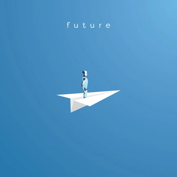 Inteligencia artificial y futuro concepto de vector de tecnología. Robot Ai volando en barco de papel como símbolo de visión futurista . — Vector de stock