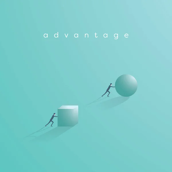 Avantage commercial et concept de vecteur de concurrence. Homme d'affaires poussant boule et cube . — Image vectorielle