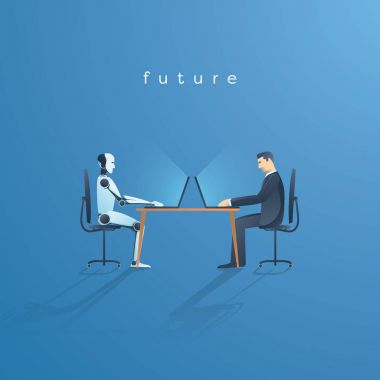 AI veya yapay zeka vektör kavram AI robot insan ile çalışma ile. Gelecekte işbirliği, teknoloji önceden, yenilik sembolü.