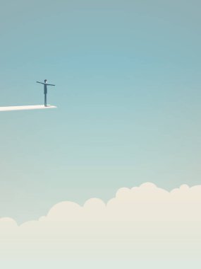 İş riski vektör minimalist kavramı. İşadamı meydan, fırsat, cesaret ve kahramanlık sembolü olarak kurulu bulutların üzerinde atlamak için bekliyor.