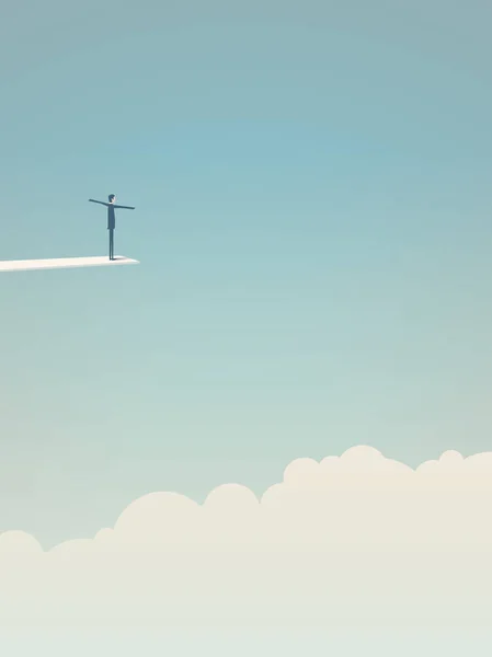 Vector de riesgo empresarial concepto minimalista. Empresario esperando saltar de la tabla por encima de las nubes como símbolo de desafío, oportunidad, coraje y valentía . — Archivo Imágenes Vectoriales