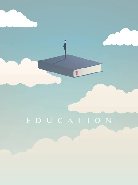 Concepto de vector educativo. Empresario o estudiante de pie en el libro mirando al futuro. Símbolo de carrera, trabajo, graduado, logro, sabiduría . — Vector de stock
