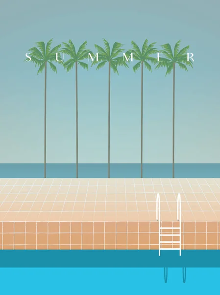 Plantilla de póster vectorial minimalista artística retro de verano con palmeras, mar, playa, piscina y salto . — Vector de stock