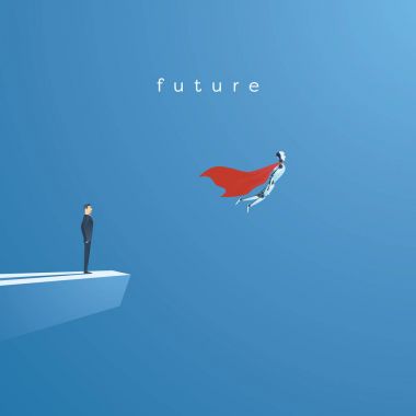 AI veya yapay zeka vektör kavram AI robot süper kahraman gibi uçan ile. Geleceğin teknolojisi, peşin, otomasyon ve bilim sembolü.