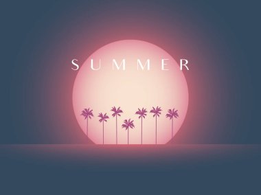 Yaz gün batımı vektör manzara ve arka plan avuç içi siluet parlayan güneş.