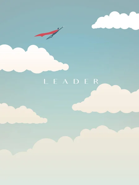 구름, 리더십 벡터 개념 위에 비행 하는 슈퍼 히어로로 실업가. 전력, 비전, 기회의 비즈니스 상징. — 스톡 벡터