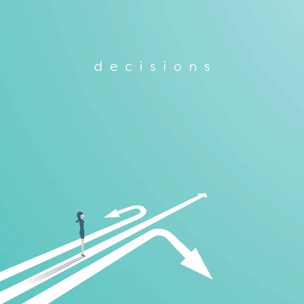 Conceito de vetor de decisão de negócios com empresária acima de três setas. Símbolo de negócios de decisão, oportunidade, desafio, carreira . — Vetor de Stock