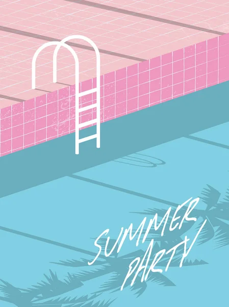 Volante de invitación de fiesta de piscina de verano, póster, plantilla, pancarta con piscina retro y escalones . — Vector de stock