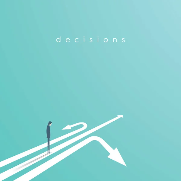 Concept de vecteur de décision d'affaires avec homme d'affaires debout au-dessus de trois flèches. Symbole d'entreprise de décision, opportunité, défi, carrière . — Image vectorielle