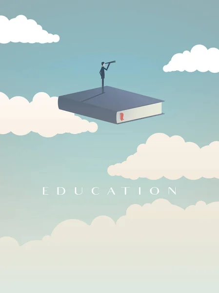 Concepto de vector educativo. Empresario o estudiante de pie en el libro, volando en el cielo, mirando al futuro. Símbolo de carrera, trabajo, graduado, logro, sabiduría . — Vector de stock