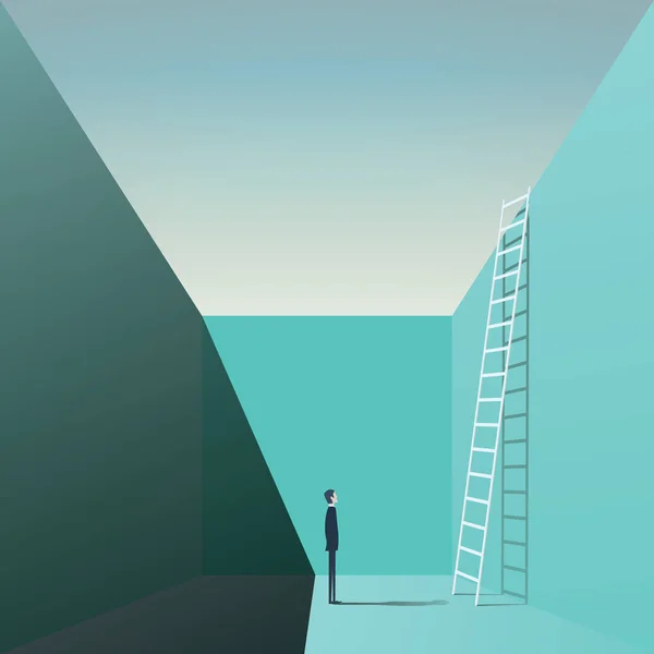 Επιχειρηματίας που στέκεται σε μια τρύπα με τη σκάλα. Επιχειρηματική ιδέα διάνυσμα λύση, πρόκληση και ευκαιρία. — Διανυσματικό Αρχείο