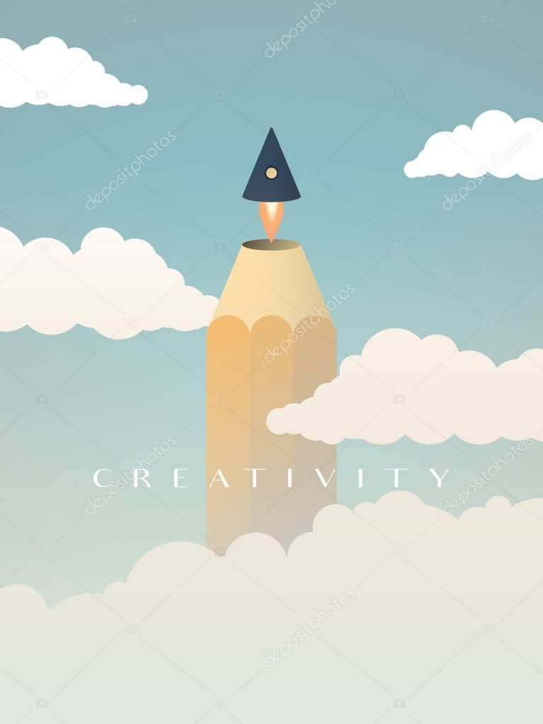 Creativity vector concept with pencil tip flying off as a rocket above clouds into the sky. Symbol of brainstorming, imagination, innovation, startup, new ideas and solutions.