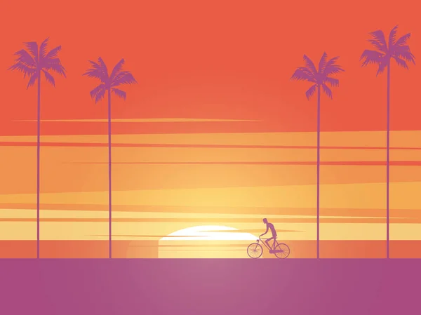 骑自行车在日出或日落在海滩上与棕榈树背景。积极健康的运动生活方式的象征. — 图库矢量图片