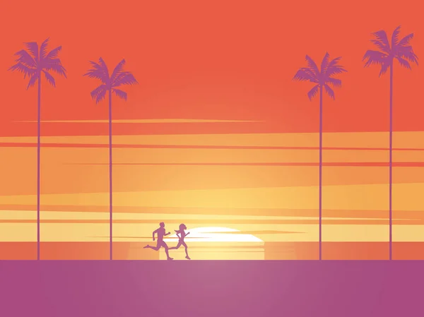 男子和妇女在日出或日落在海滩上与棕榈树的背景下运行。积极健康的运动生活方式的象征. — 图库矢量图片