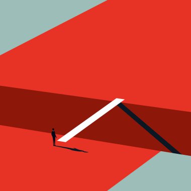 Minimalist sanat tarzında iş meydan okuma vektör konsepti. Köprüde yürüyen bir iş adamı. Hırs, liderlik, çözüm bulma sembolü.