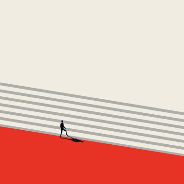 Kariyer büyümesi ve minimalist sanat tarzında promosyon vektör konsepti. İşadamı merdivenlerden çıkıyor. İlerleme, başarı, motivasyon, hırs ve başarının sembolü.