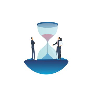 Kum saati ve zaman tükenirken iş bitimi vektör konsepti. Baskı, stres, geri sayım, kurumsal rekabet sembolü.