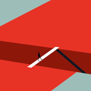 Minimalist sanat tarzında iş meydan okuma vektör konsepti. Köprüde yürüyen bir iş adamı. Hırs, liderlik, çözüm bulma sembolü.