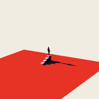 Minimalist sanatsal tarzda iş lideri vektör konsepti. Merdivenlerin üstündeki iş adamı, hırs, motivasyon, kararlılık ve liderliğin sembolü..