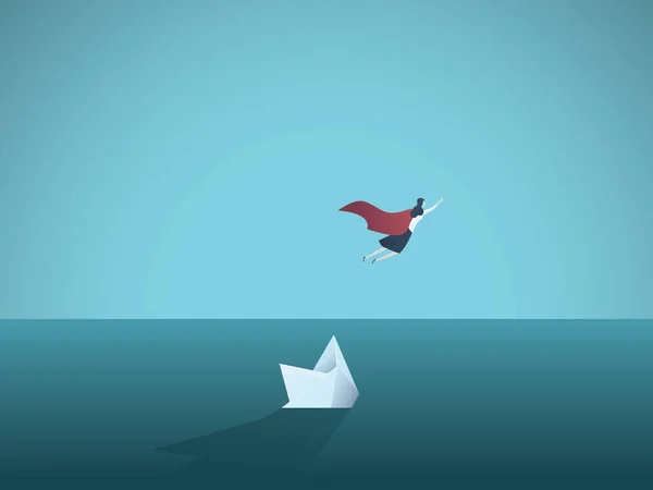 Buisnesswoman superheld vliegen van zinkende papieren boot vector concept. Zakelijk symbool van macht, kracht, creativiteit, het vinden van een oplossing, het overwinnen van uitdagingen. — Stockvector
