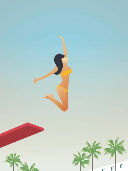 Attraktiv sexig kvinna i bikini hoppar från brädhopp till swimmingpool vektor tecknad illustration. Symbol för sommarsemester, semester, rekreation, nöje och lycka. — Stock vektor