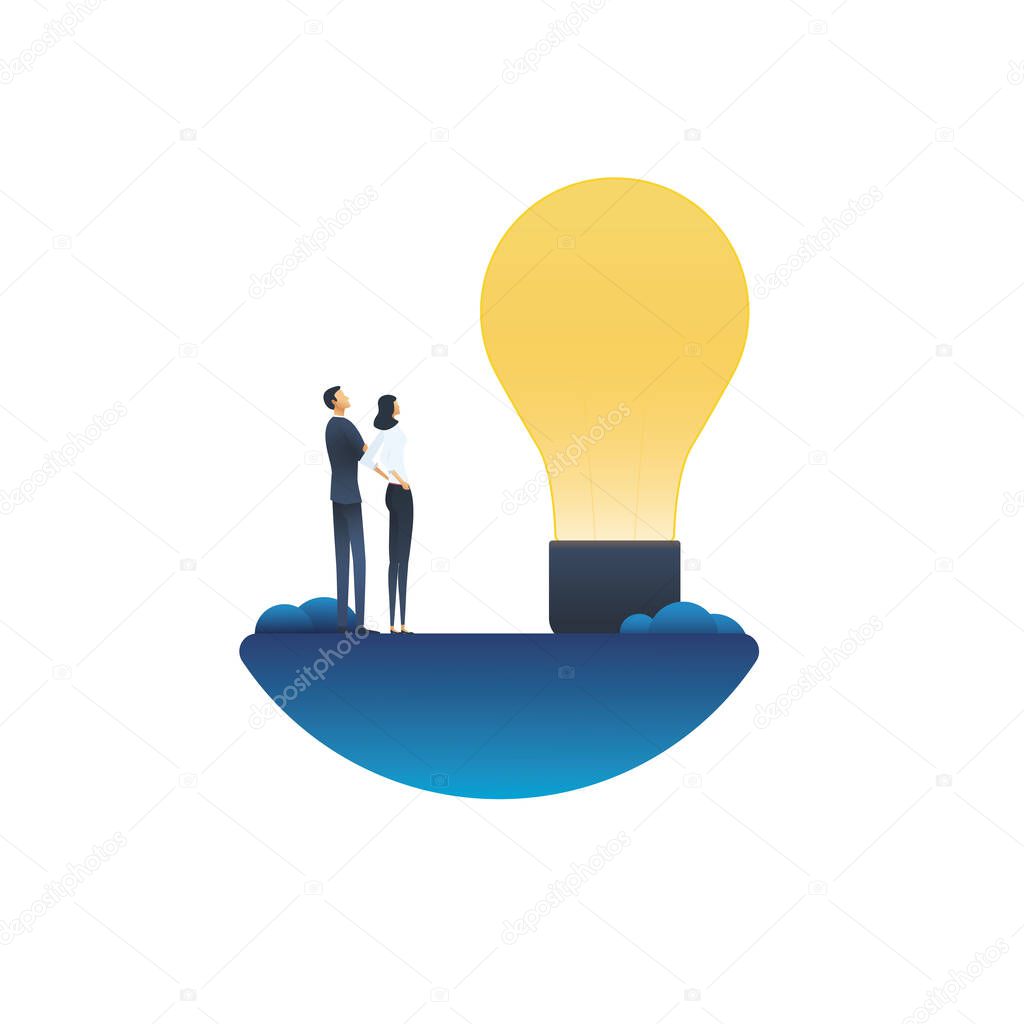 Business creativity vector concept with businessman and businesswoman looking at lightbulb. Symbol of creative solutions, teamwork, brainstorming.