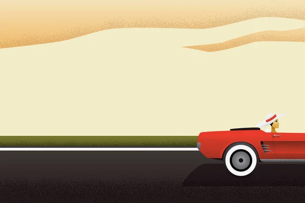 Sommerreise-Vektorplakat mit rotem Roadster auf der Straße und nobler Fahrerin. Retro-Flyer, Faltblatt für die Sommerferien. — Stockvektor