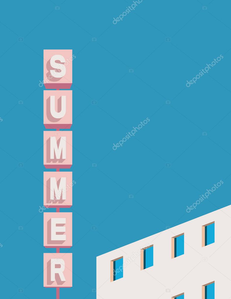 Summer card template with motel sign and building facade in soft bright pastel colors. Holiday or vacation poster.
