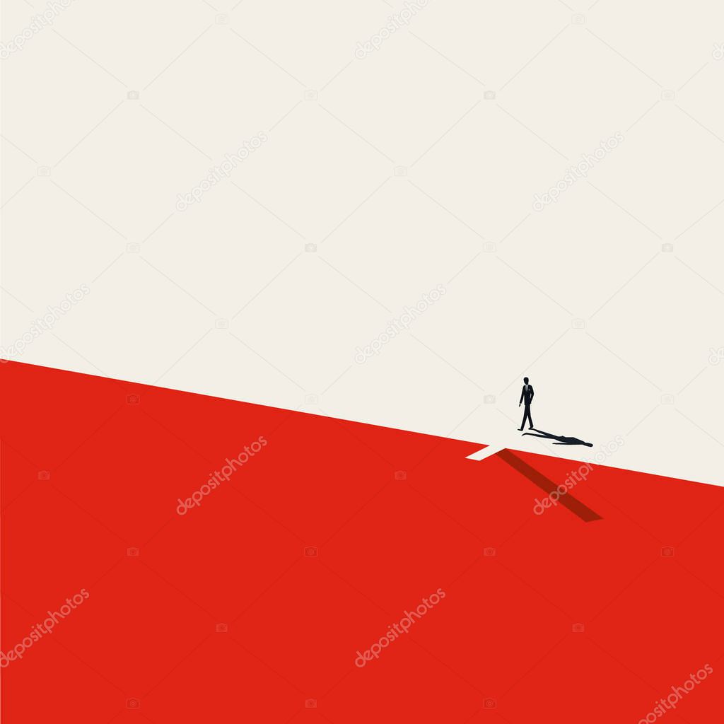 Crisis and financial recession vector symbol, businessman on edge of a cliff. Symbol of economic downturn, market crash.