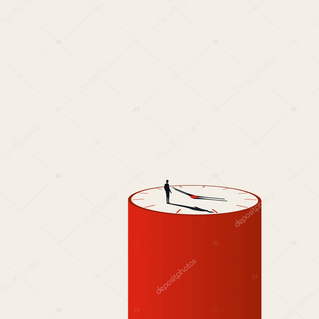 Business deadline vector concept with businessman standing on clock. Symbol of pressure, stress at work, tight schedule, project timeline. Eps10 illustration.