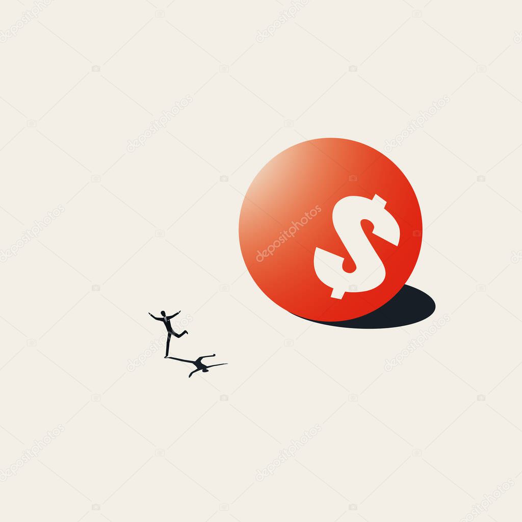 Debt and bankruptcy business vector concept with businessman running away. Symbol of financial stress.
