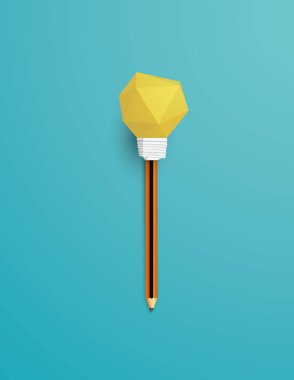 Üç boyutlu çokgen dizaynlı kalemin üzerinde ampul olan yaratıcılık vektörü kavramı. Yeniliğin sembolü, icadın..