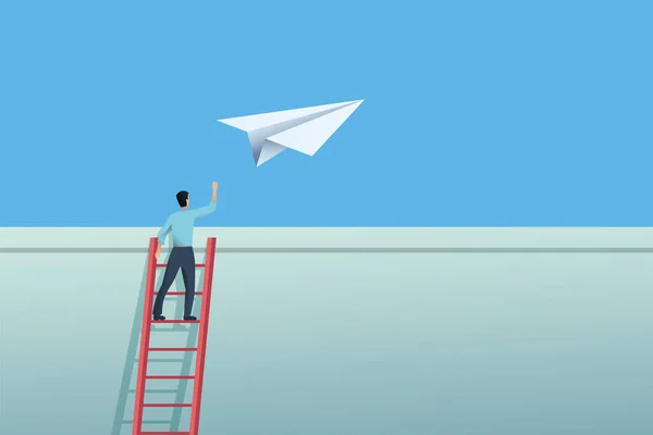 Zakelijke uitdaging en overwinnen vector concept. Ondernemer stuurt papieren vliegtuig over muur. — Stockvector