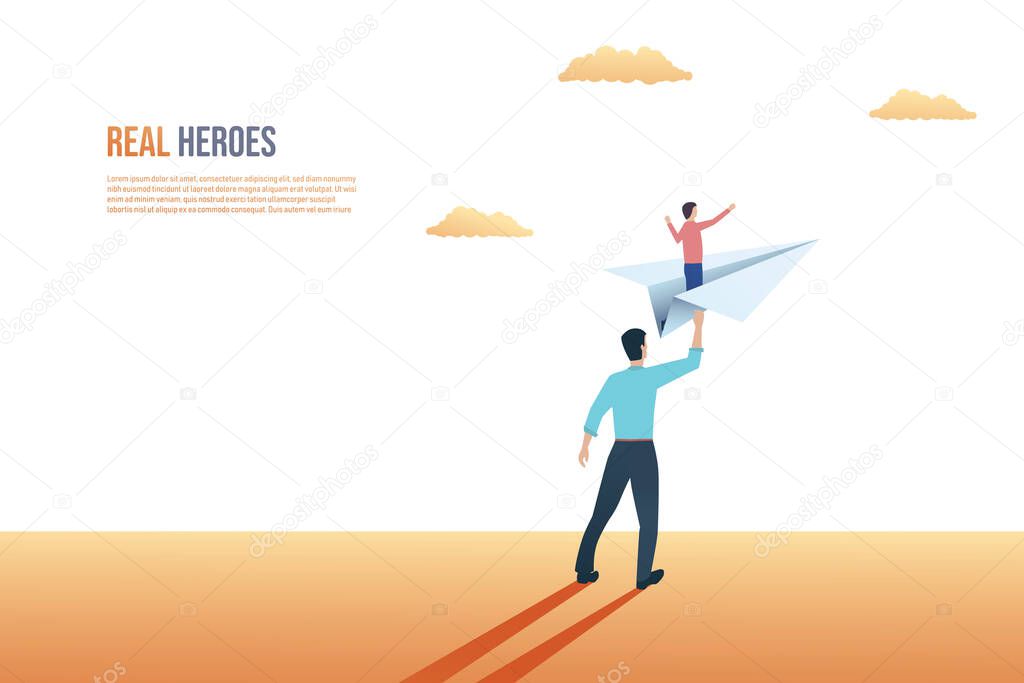 Father and son relationship vector concept. Father sending son on paper plane to future, giving hip support.