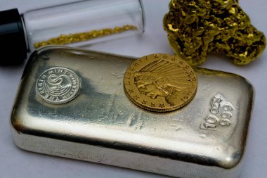 10 ons gümüş külçe Bar, 1911 altın 5 $ Indian sikke ve doğal altın Nuggets