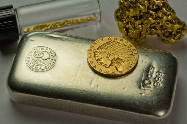 10 ons gümüş külçe Bar, 1911 altın 5 $ Indian sikke ve doğal altın Nuggets