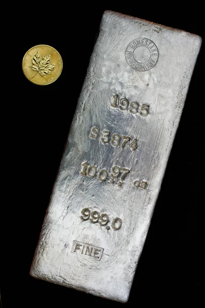 1985年Homestake Mining Company 100 Troy Ounce Silver Goldlion Bar倒入南达科他州铅矿 一盎司金弹按比例展示 — 图库照片