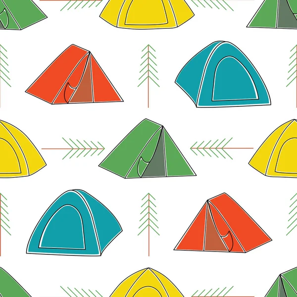 Vector Camping Tents in Yellow Green Red and Blue on White Background with Sytlized Trees Seamless Repeat Pattern. Background for textiles, cards, manufacturing, wallpapers, print, gift wrap and — Stock Vector