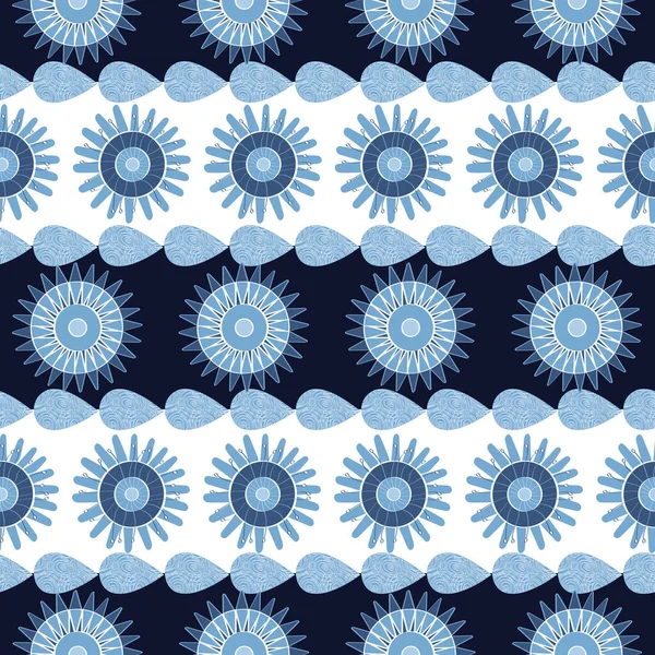 Vector Flores Azules con Hojas en Rayas Azul y Blanco. Fondo para textiles, tarjetas, fabricación, fondos de pantalla, impresión, envoltura de regalo y scrapbooking . — Archivo Imágenes Vectoriales