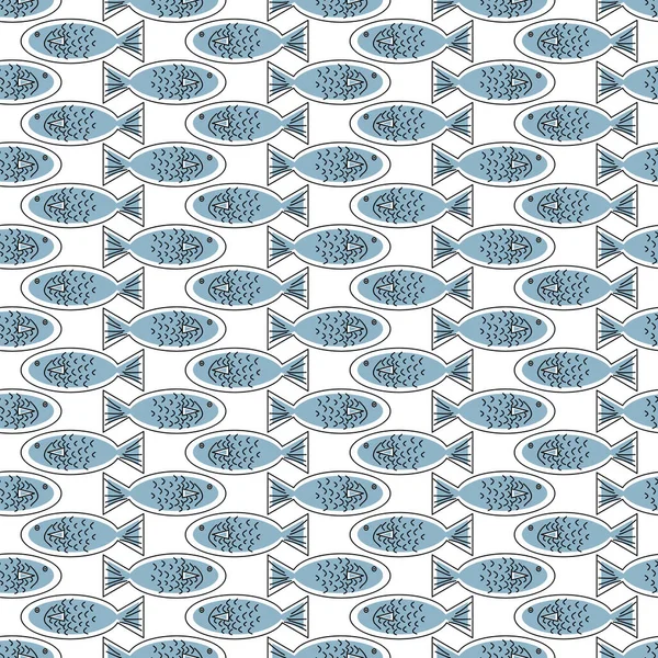 Vector azul pescado sobre fondo blanco patrón de repetición sin costuras. Fondo para textiles, tarjetas, fabricación, fondos de pantalla, impresión, envoltura de regalo y scrapbooking . — Archivo Imágenes Vectoriales