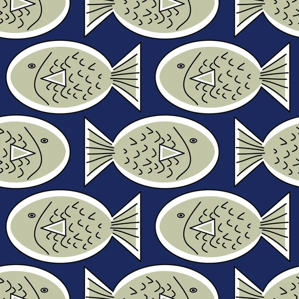 Vektor grüner Fisch auf marineblauem Hintergrund, nahtlose Wiederholung des Musters. Hintergrund für Textilien, Karten, Fertigung, Tapeten, Druck, Geschenkpapier und Scrapbooking. — Stockvektor